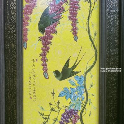 tranh sứ khung gỗ hoạ tiết tứ quý, tranh mầu vàng, tranh trung quốc, tranh sứ, tranh treo phòng khách